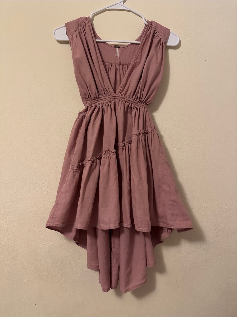 Free People Dusty Rose Sleeveless V-Neck High-Low Tiered Dress